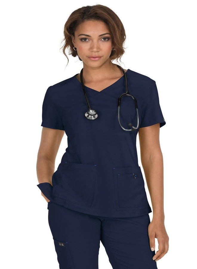 KOI Basics Katie Women's 4-Pocket Mock-Wrap Scrub Top Navy Large - Image 1